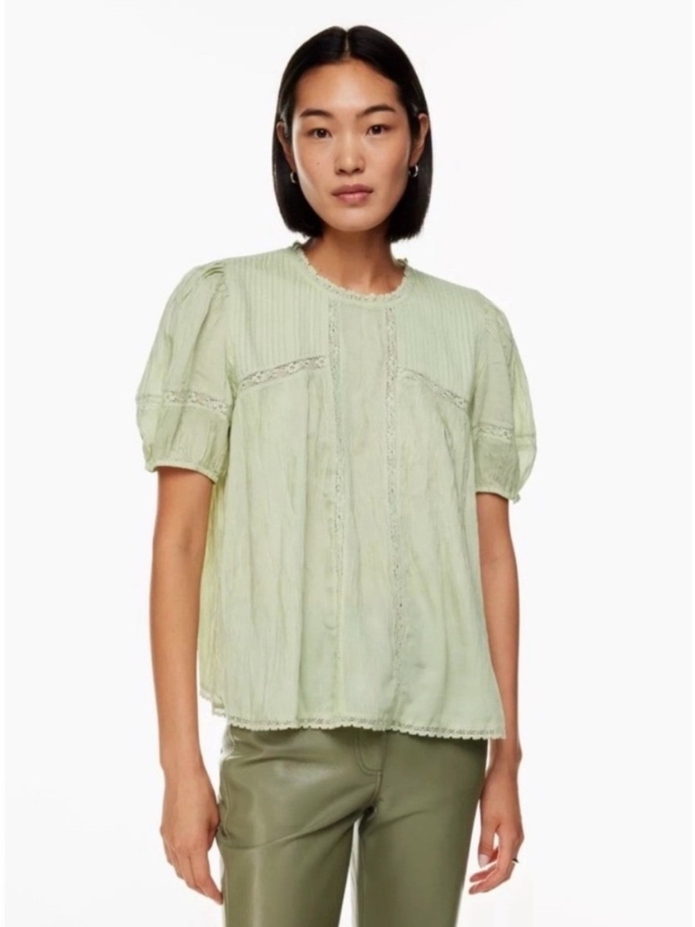 Aritzia Wilfred Light Green Lace-Trim Puff Sleeve Wallflower Blouse Sz M